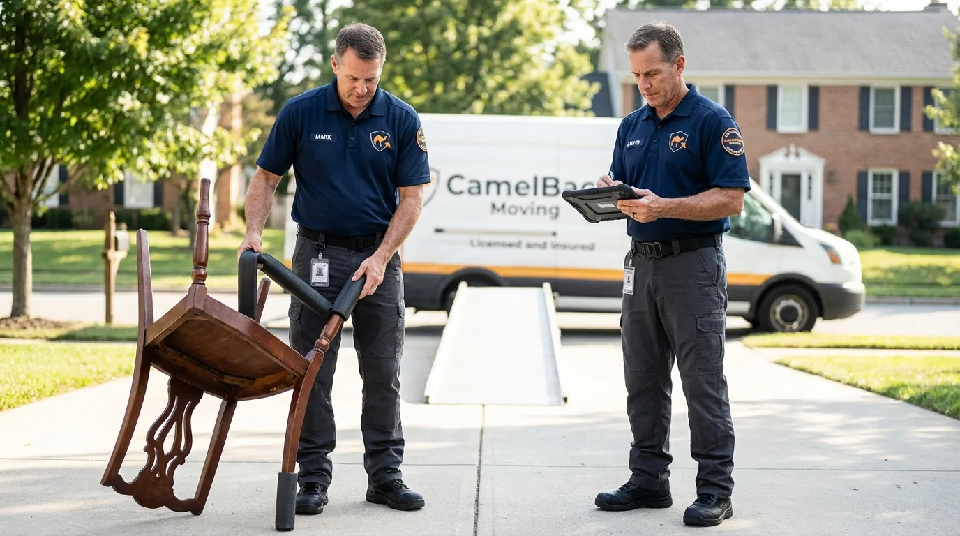 Movers inspecting furniture for damage prevention before loading in Tiltonsville, OH