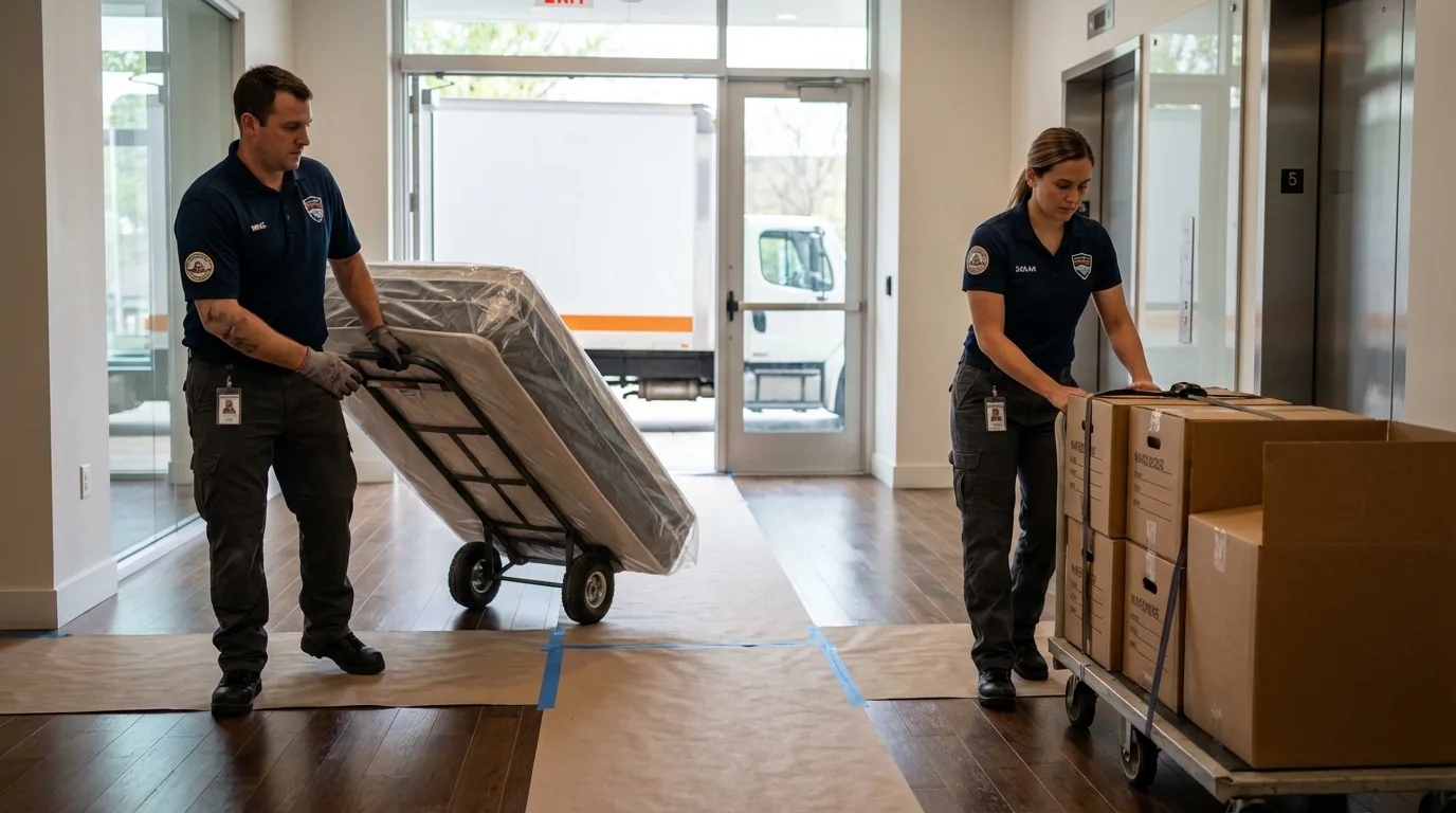 Professional apartment movers loading elevator in Tiltonsville, OH
